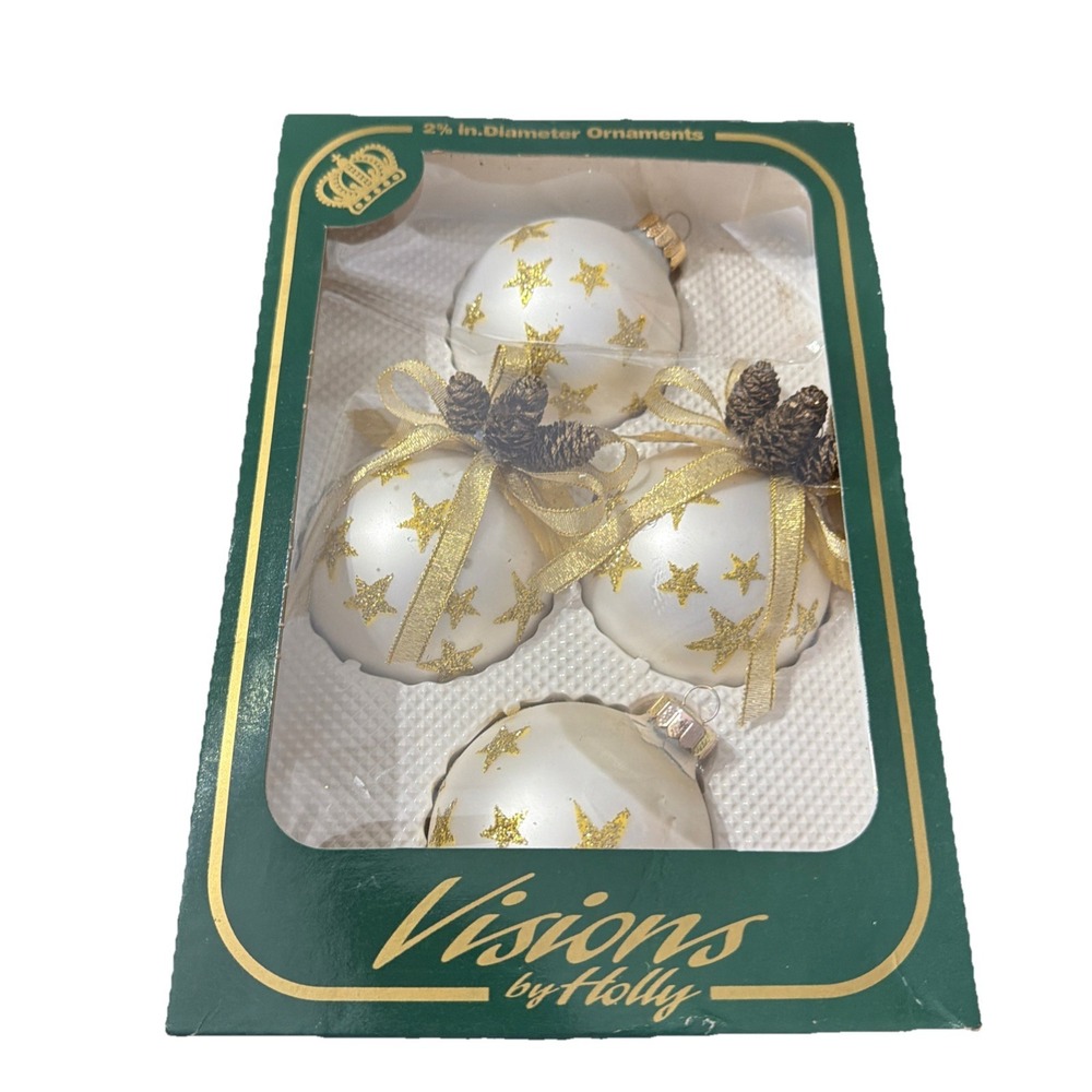 Vintage Visions by Holly 4 2 5/8in Christmas Ornaments  White With Gold Stars